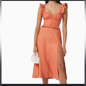 - Lavish‎ Alice Ruffled Tie Back Midi Dress In Coral Linen Blend US 4 ,UK 8